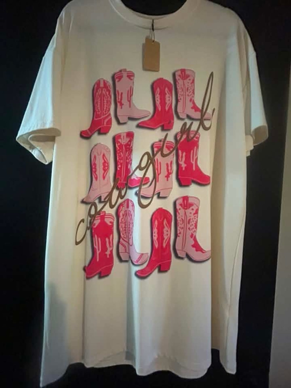 Relaxed White Midi Tee Dress with Pink Boot Graphic